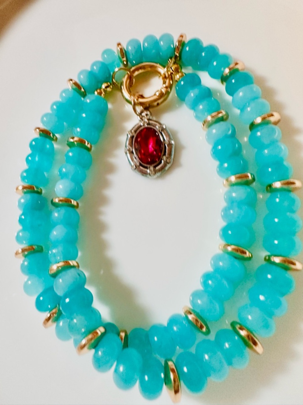 Turquoise Beaded  Necklace with Gold Accents and Pink Charm